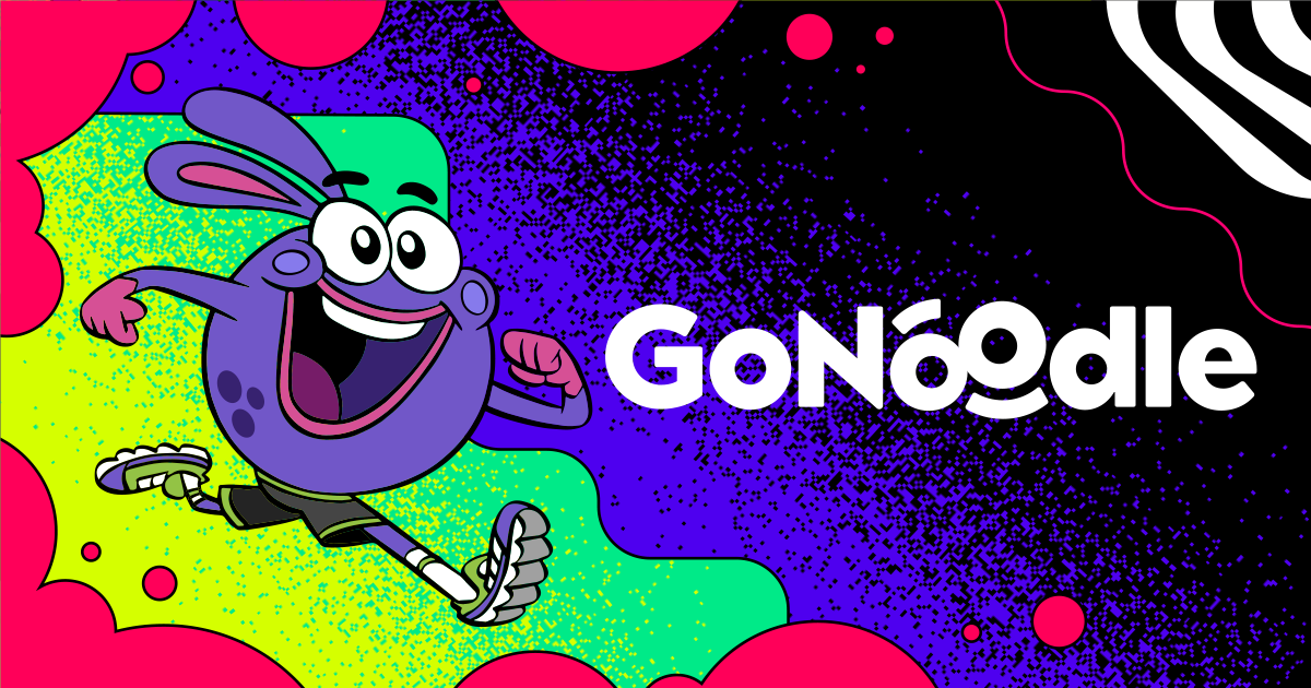 Colorful “GoNoodle” graphic featuring a cartoon character running against a vibrant purple and green background with the GoNoodle logo.
