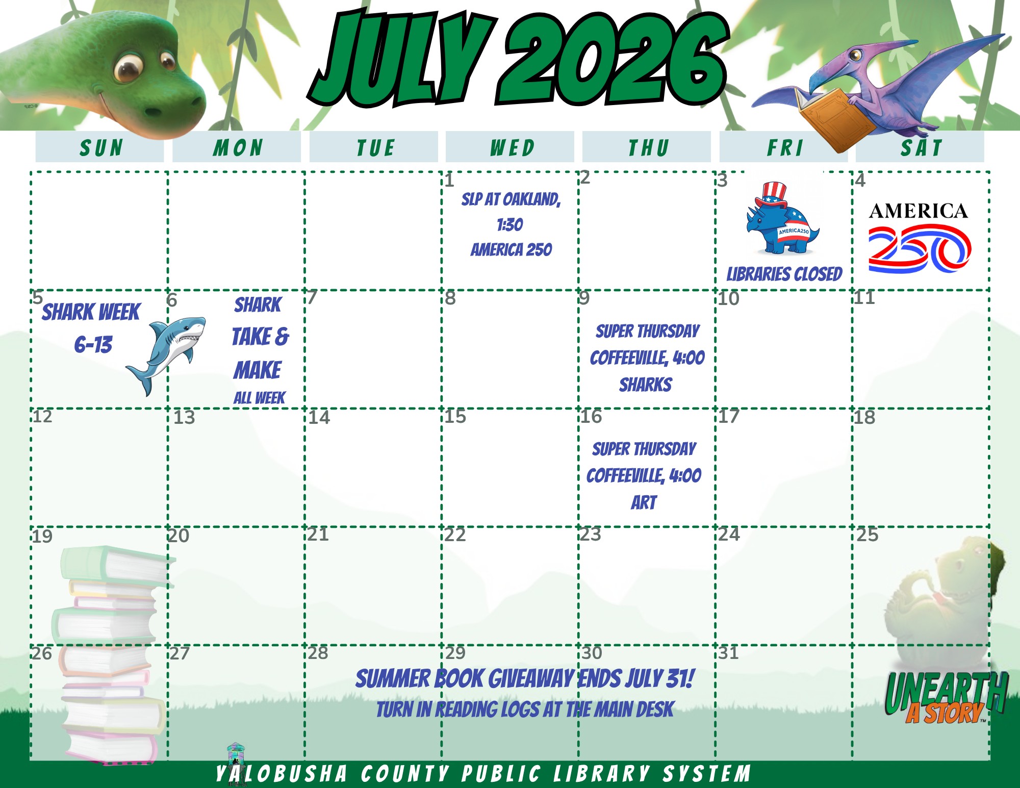 Calendar view of July 2026 Children's programs.
