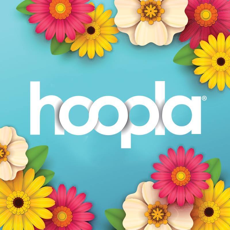 “hoopla” logo in white text surrounded by colorful flowers on a blue background.